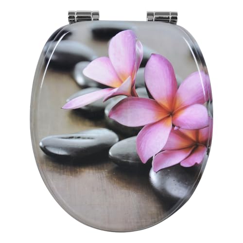 WOLTU Toilettendeckel mit Absenkautomatik O-Form aus MDF, Wc Sitz mit Absenkautomatik, Leicht zu Reinigen, Blumenmotiv Grau