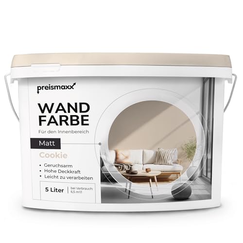 Preismaxx Profiweiß Wandfarbe beige 5L, hohe Deckkraft, Dispersionsfarbe innen, Innenwandfarbe Raumfarbe keksfarben cookie deckend, Deckkraftklasse 2, matt Innenfarbe Profi Qualität