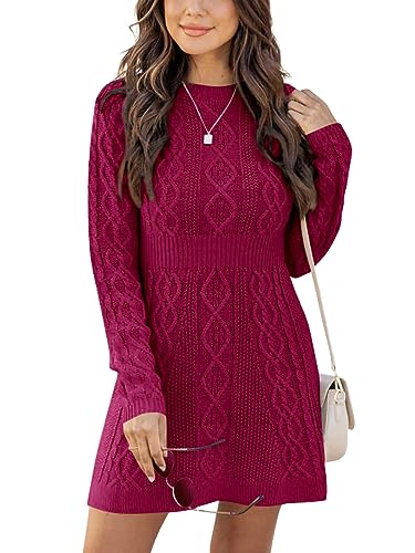 Ebifin Strickkleid Damen Rundhals Strickpullover Kleid Elegant Tunika Pullikleid Winterkleid Sweater A-Linie Minikleid.Weinrot.M