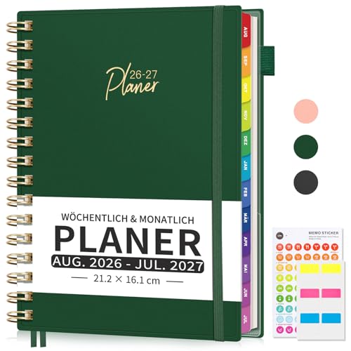 EMSHOI Kalender 2026 2027 Terminplaner, Wochenplaner A5 Terminkalender mit 30-Min-Intervallen, Schulplaner Notizbuch für August 2026 bis Juli 2027 - Dunkelgrün