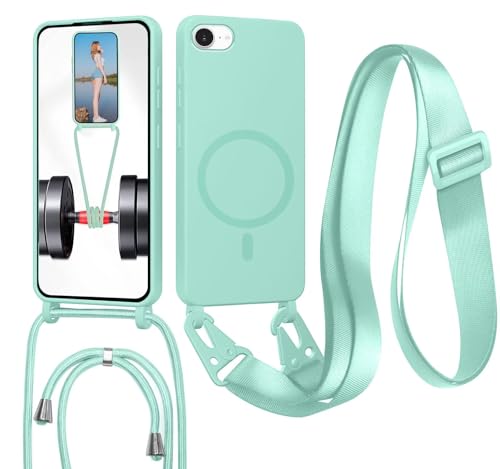 MBSLFY Magnetische Handykette für iPhone 6 Plus/6s Plus/iPhone 7 Plus/8 Plus Hülle mit Band, Handyhülle Kompatibel mit MagSafe, mit Abnehmbar Kordel Umhängen Stossfest Handy Schutzhülle, Minz grün