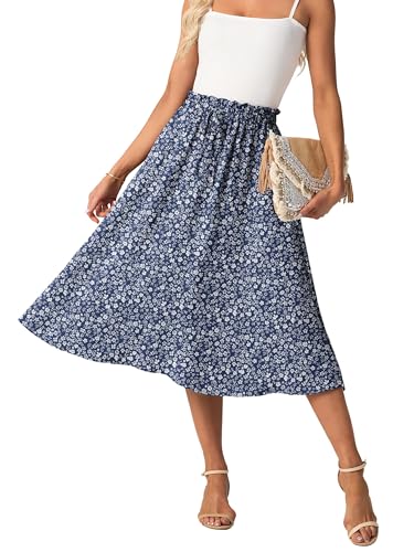GRECERELLE Damen Rock Sommer Midi Langer Midirock A-Linie Flowy mit Taschen leicht und luftig (Blau Weiße Blume, L)