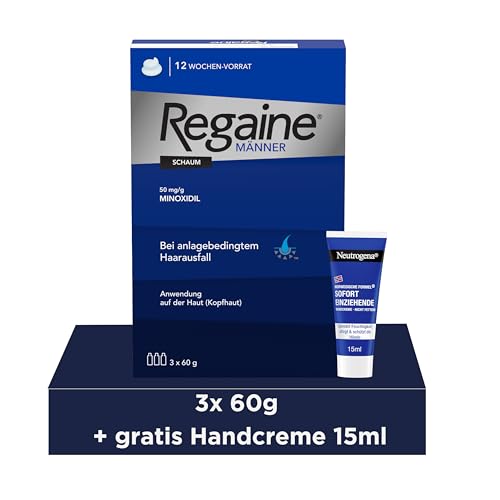 REGAINE Männer Schaum: 3-Monatspackung mit 50 mg/g Minoxidil, stoppt erblich bedingten Haarausfall bei Männern und regt das Haarwachstum an, 3 x 60 g + Neutrogena Mini Handcreme
