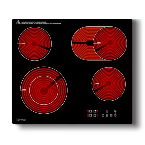 Topwish Glaskeramikkochfeld 4 platten,herdplatte 4 kochfelder, kochplatte,Keramikkochfeld 60cm,kochfeld 4 platten,Elektroplatte,Ovale Zone,Elektroherd mit Kindersicherung,Restwärmeanzeige,Timer,6600W