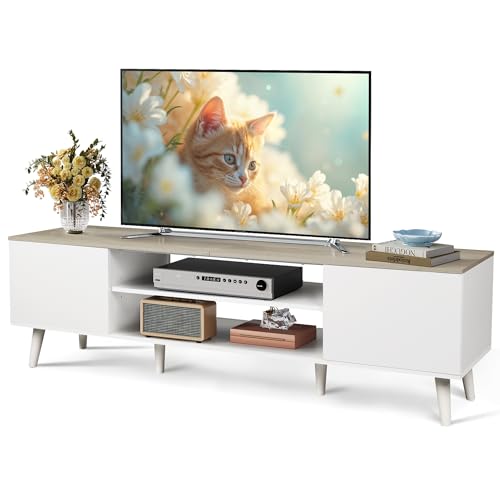 WLIVE TV Schrank Weiss, Lowboard 160 cm Lang für Fernseher bis zu 70 Zoll, 2 Etagen Fernsehschrank mit stauraum, TV Bank für Wohnzimmer, Weiß Hochglanz