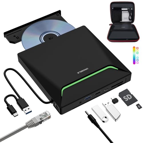 Neuestes Externes DVD Laufwerk, USB 3.0 Externer DVD Brenner mit RJ45-Ethernet-Adapter, 3 USB- und 2 TF/SD-Karten-Anschlüsse, Externes CD Laufwerk für Laptop PC Windows Linux Mac OS mit Tragetasche