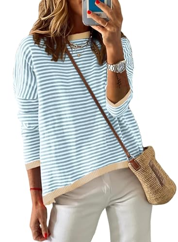 Cuptacc Pullover Damen Gestreiftes Shirt Rundhalsausschnitt Baumwolle Sweatshirt Langarm Pulli Elegant Baugrün Groß L 42-44