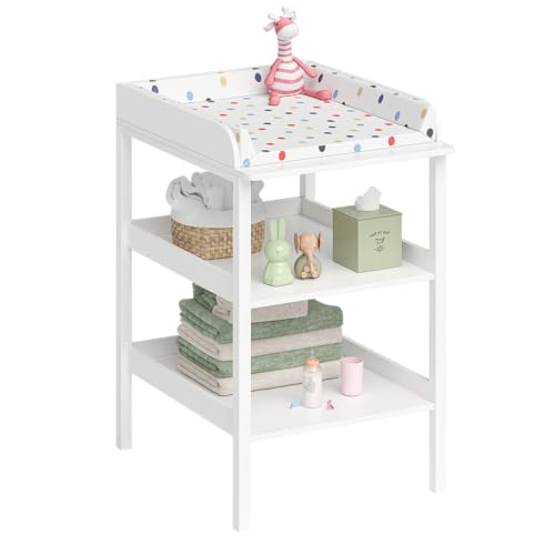 Bellabino Bani Wickelkommode aus Holz in Weiß – Wickeltisch schmal mit 2 offenen Ablageflächen – Wickelregal rückenschonend mit 86 cm Höhe – große Wickelfläche von 70 x 53 cm