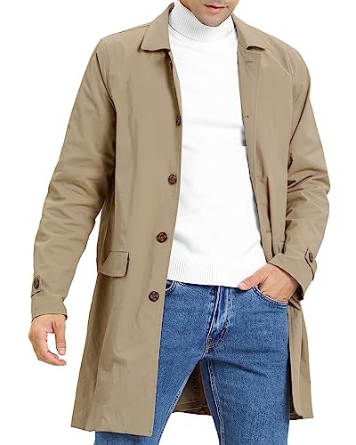 Feziakuk Herren Trenchcoat Einreihig Lang Mantel Leichter Revers Herbst Winter Jacke Übergangsjacke, Khaki L