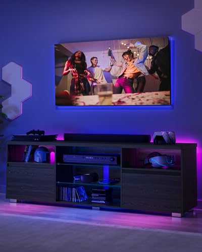 VASAGLE Kailyn Kollektion - TV-Schrank mit LED-Beleuchtung, Fernsehtisch, TV-ständer für Fernseher bis zu 70 Zoll, mit offenen Ablagen, 2 Schränke mit Türen, 160 cm, für Wohnzimmer, schwarz LTV331T21