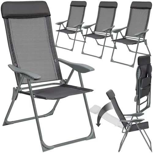 tectake® 4er Set Gartenstuhl Hochlehner, Gartenstühle, Essstühle Aluminium, Klappstuhl 5-Fach verstellbar mit Armlehnen, Sessel mit Liegefunktion, Gartenmöbel, Möbel für Terrasse, Camping - anthrazit