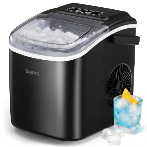 Silonn Eiswürfelmaschine, Eiswürfelbereiter 12 kg/24h, 9 Eiswürfel in 6 Min, 2 Größen, Selbstreinigend, leise Mini Eiswürfelmaschinen für Küche, Büro, Bar, Party, Schwarz