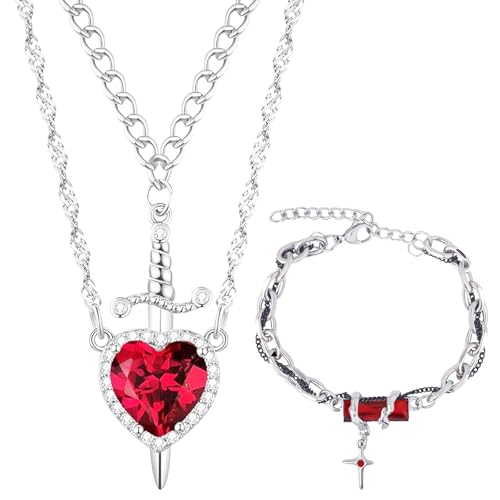 AHEJIOO Y2k Schmuckset, Silberfarbene Halskette Mit Mehrlagigem Herz-Schwert-Anhänger, Vintage-Stil Schmuck Für Jahrestage Und Valentinstag, Halskette Und Armband Für Paare, Emo Und H2o Kette