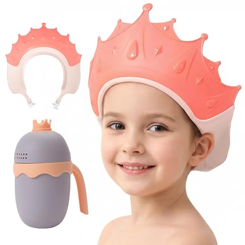 MOSIERRY Duschhaube Kinder mit Haarwaschbecher, Haarwaschhilfe Kinder Duschhaube Baby Haare Waschen Kinderschutz,Krone Rosa