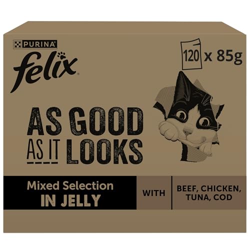 FELIX So gut wie es aussieht Nassfutter für Katzen Gemischte Vielfalt Vorteilspack, 120 praktische Portionsbeutel, zarte Stückchen in Gelee, 4 leckere Sorten, 100% vollständige Ernährung