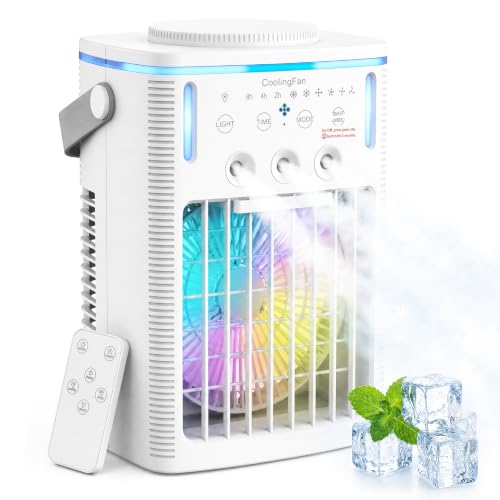 Klimaanlage Mobil,6 in 1 Mobiles Klimagerät,1000ml Mobile Klimaanlage mit Fernbedienung, 3 Geschwindigkeiten, 3 Nebelmodi, Typ-C,7 Farben Licht, 2-8H Timer, Tragbarer Klimaanlage für Zimmer/Büro