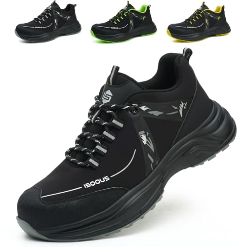 ISOOUS Arbeitsschuhe Herren Damen Sicherheitsschuhe Leicht rutschfest Stahlkappenschuhe Atmungsaktiv Bequem Schutzschuhe Schwarz EU 44