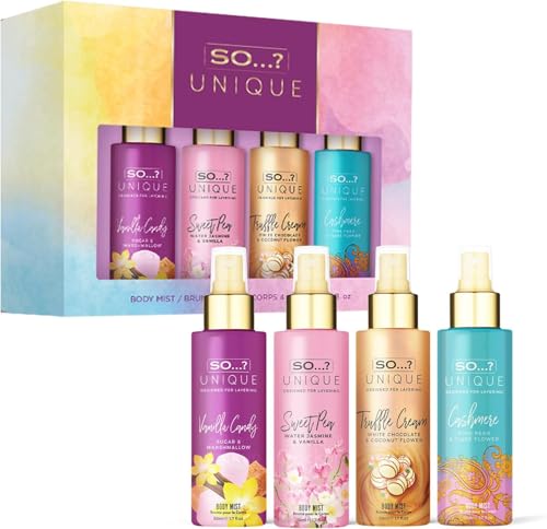 So…? Unique Mini Mist Damen-Geschenkset mit Vanille-Süßigkeiten, Zuckerwicke, Trüffelcreme und Kaschmir, Body Mist Duftspray-Set (4 x 50 ml)