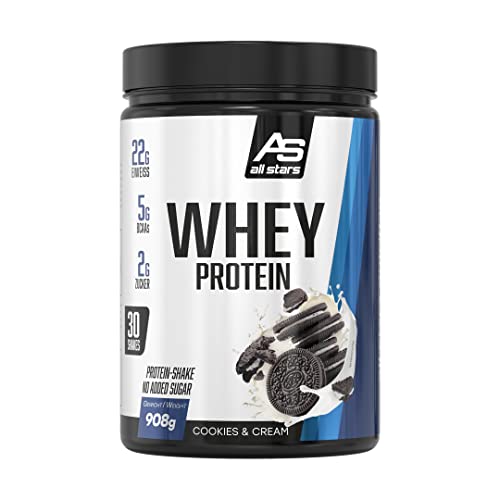 All Stars 100% WHEY PROTEIN 908g I Eiweiß-Pulver mit Whey-Konzentrat & Isolat I leckeres Low-Fat Powder I hochwertiges Protein-Pulver I cremiger Protein-Shake mit Cookies & Cream-Flavour