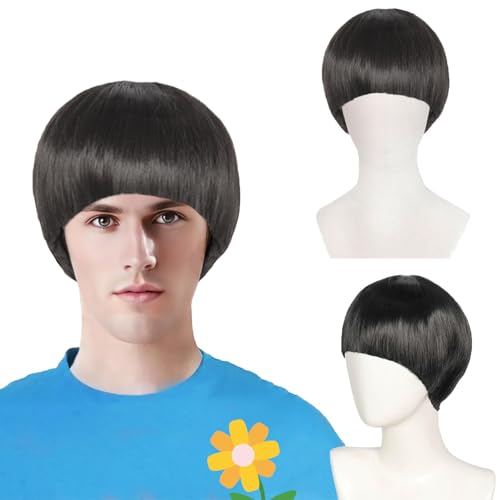 FOUNSHO Perücke Kurze Schwarz für Herren Damen, Kurze Perücke mit Pony, Herrenperücke Gerade, 60er 70er Topfschnitt Perücken Party Kostüm Cosplay Für Mann Täglich Halloween Karneval (Schwarz)