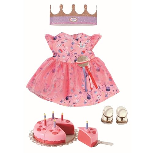 BABY born Deluxe Happy Birthday Set 43 cm, Geburtstags-Set für Puppen mit rosa Puppenkleid und Schuhen, inklusive Krone und Torte mit 6 Kuchenstücken, 830789 Zapf Creation
