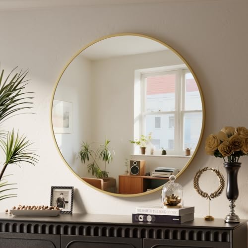 BEAUTYPEAK 46 cm Runder Spiegel, Bruchsicherer Wandspiegel mit Aluminiumrahmen, Badezimmer Spiegel zum Aufhängen und Anlehnen, Rund Wandspiegel für Schlafzimmer, Bad, Wohnzimmer Gold