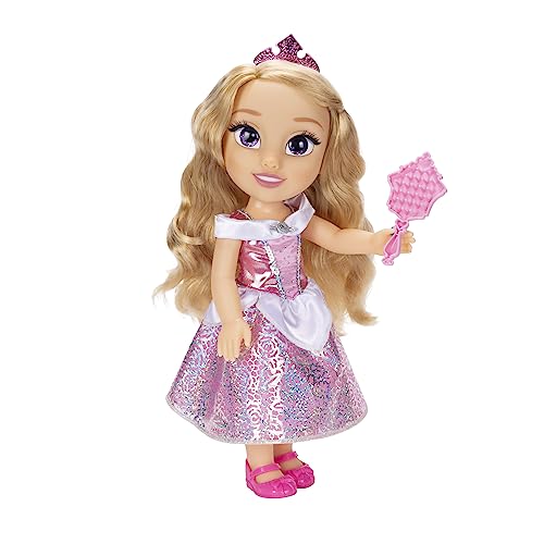 Disney Princess Aurora Puppe 35cm, reflektierende Glitzeraugen, bewegliche Gelenke, ausziehbares Kleid, Schuhe, Krone, langes Blondes Haar, für Mädchen ab 3 Jahren