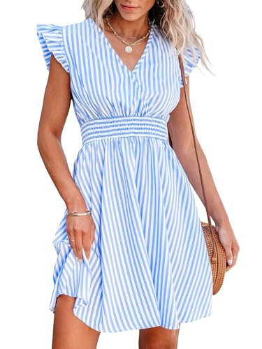 CUPSHE Damen Sommerkleid V-Ausschnitt Flatterärmel Minikleid Gesmokte Taille A-Linie Freizeitkleider Mini Dress Blau Gestreift L