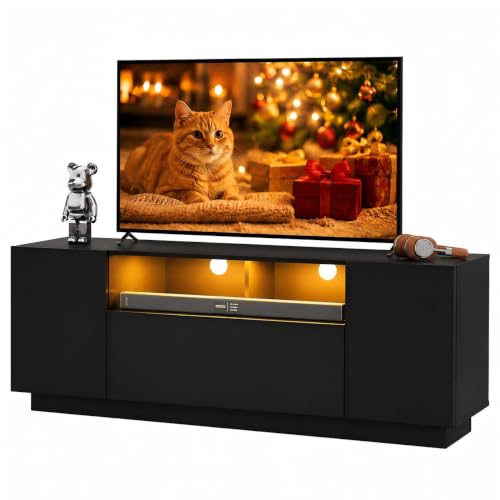 WLIVE TV Schrank Schwarz, Lowboard Hochglanz mit 20 Farben LED-Beleuchtung, TV Board mit Schränken und 2 Freiflächen, Fernsehtisch mit Klapptür, 122 x 36 x 45 cm, Schwarz