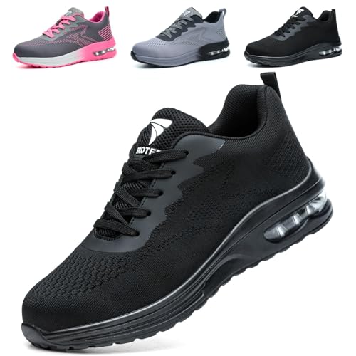 WUAYAMI Sicherheitsschuhe Arbeitsschuhe Herren Damen Leicht Atmungsaktiv Stahlkappenschuhe Sportlich Schutzschuhe rutschfeste mit Stahlkappe Sneaker, Schwarz, 44 EU