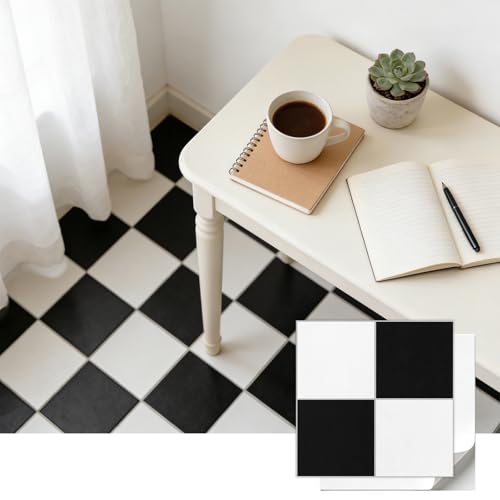 Selbstklebende PVC Bodenfliesen 30x30 cm - Schachbrettmuster Schwarz Weiß Bodenbelag - Wasserdichter & Rutschfester Vinylboden Belag (0.55 mm) - Für Küche, Bad, Wohnzimmer Klebefliesen 50 Fliesen