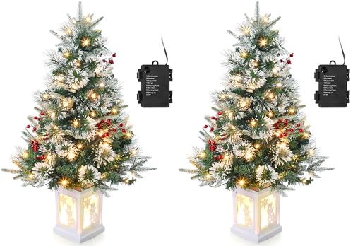2PCS 90cm Weihnachtsbaum künstlich mit 78 Beleuchtung,Batteriebetrieben Pre-lit Premium Snow Flocked Künstlicher Weihnachtsbaum mit roten Beeren Weihnachten deko für Zuhause, Büro, Weiße Basis