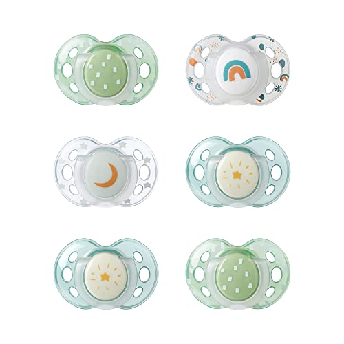 Tommee Tippee Night Schnuller, Symmetrische Kiefergerechte Form, BPA-freies Silikon, Im Dunkeln Leuchtender Griff, 18-36M, 6er-Set, mehrfarbig