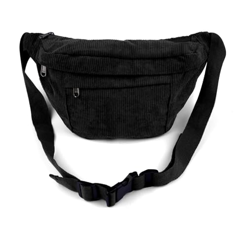 Pinboov Bauchtasche Damen Herren, Modische Gürteltasche Cord, Umhängetasche mit Verstellbarem Schultergurt, Groß Crossbody Bag für Reisen, Sport, Wandern, Outdoor (Schwarz)