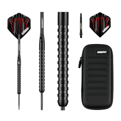 Champify NEU 90% Tungsten Darts Set “Blackbird” mit 23g Barrel und schwarzer Darttasche | 3 Steeldarts mit 9 Alu-Schäften & 9 Flights| Dart Set mit Zubehör | Dartpfeile mit Metallspitze