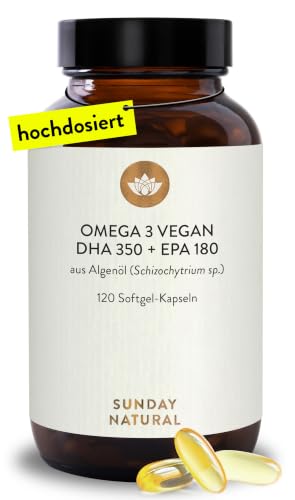 SUNDAY NATURAL® Omega 3 Vegan Forte - 120 Softgel Kapseln - 2.000 mg Algenöl pro Tagesdosis: 700 mg DHA + 360 mg EPA - Omega 3 Kapseln - Laborgeprüft