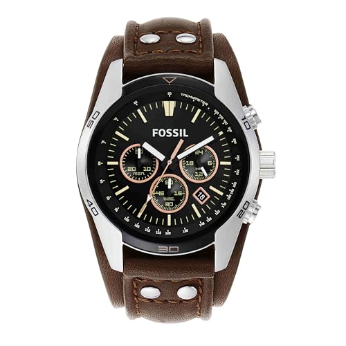 Fossil Coachman Uhr für Herren, Chronographenwerk mit Edelstahl- oder Lederarmband, Schwarz, 44MM