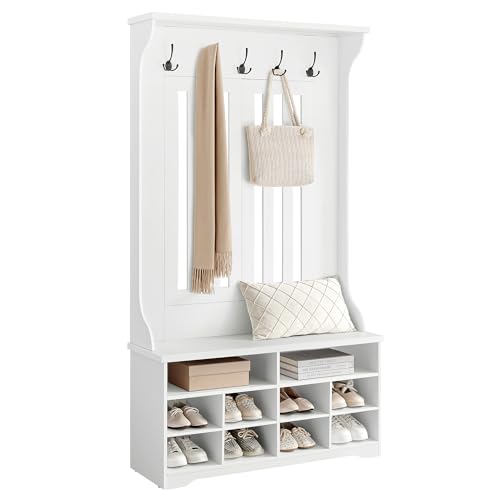 VASAGLE Garderobenständer mit Schuhbank, Garderobe, Schuhaufbewahrung, 5 Dreifach-Haken, freistehend, platzsparend, für Eingangsbereich, Flur, verstellbare Regalebenen, wolkenweiß HSR404T10