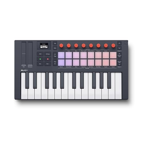 Novation FLkey 2 Mini 25 — MIDI-Controller-Keyboard mit 25 Minitasten für den Einstieg in FL Studio. Beatmaking mit USB, Pitch-/Mod-Touch-Strips, 16 Drum-Pads & Arpeggiator – inkl. 6 Monaten FL Studio