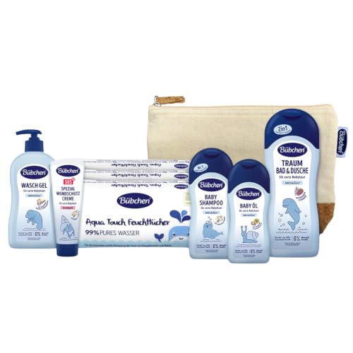 Bübchen Pflegeset für Neugeborene, 7-teilig – Geschenkset mit Baby-Produkten, von mildem Shampoo bis pflegender Wundschutzcreme, ohne Silikone