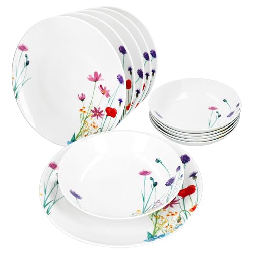 MamboCat Marie 12tlg Tafelservice I Porzellan-Geschirr mit Blumenwiese-Dekor für 6 Personen I 6X Suppenteller & 6X Speiseteller für Frühstück, Mittag & Abendbrot