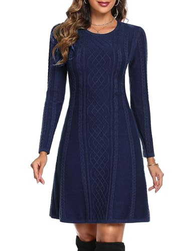 Aottori Damen Strickkleid Winter Kleid Langarm Pulloverkleider Knielang Elegant Rolllkragen Kleidr Herbst Marine M