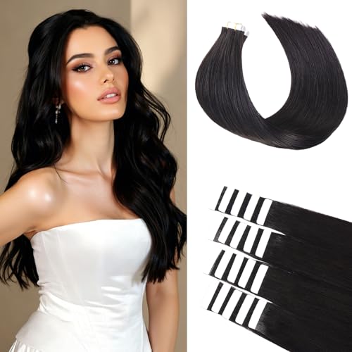 BLONDE UNICORN Tape Extensions Echthaar 20pcs Extensions Echthaar 35cm Natürliches Schwarz Invisible Tape in Extensions Echthaar Skin Weft Haarverlängerung 40g(14inch,1B#)