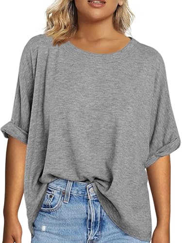 Tankaneo Damen Große Größen T-Shirts Plus Size Kurzarm Tops Oversized Casual Tees Loose Fit Basic Oberteile Grau 3XL