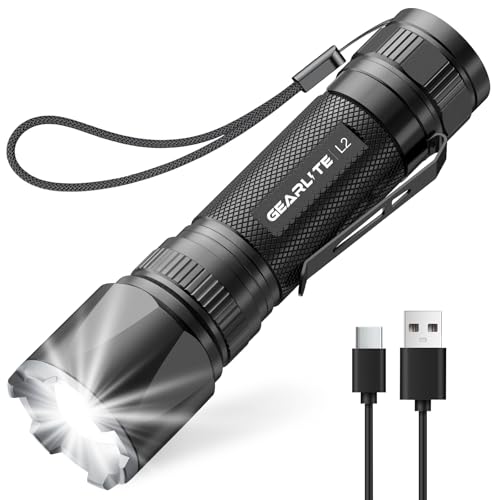 GEARLITE Taschenlampe Led Aufladbar, Superhelle Zoombare 3000 Lumen Mini Torch mit 3 Lichtmodi & Langer Betriebsdauer, IP65 Wasserdicht Taktische Handlampe für Camping Angeln Wandern Outdoor, Notfäll