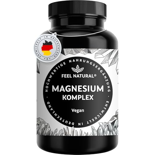 Magnesium Komplex – 180 Kapseln mit 400mg elementarem Magnesium pro Tagesdosis – aus 4 hochwertigen Verbindungen: -Oxid, Citrat, Bisglycinat & -Malat – vegan & hochdosiert