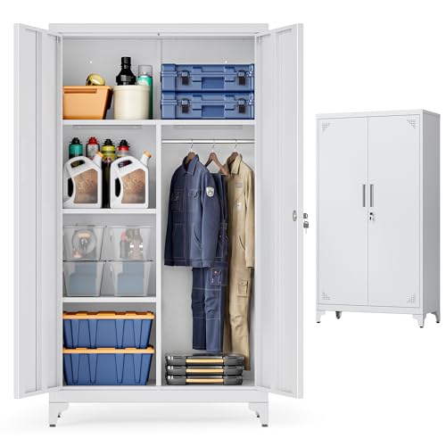 SONGMICS Mehrzweckschrank, Garderobenschrank, Aufbewahrungsschrank, Aktenschrank, Metallschrank, mit 2 Türen, 5 Fächern, Hängestange, abschließbar, hohe Füße, 80 x 40 x 165 cm, mattgrau OMC018GJ01
