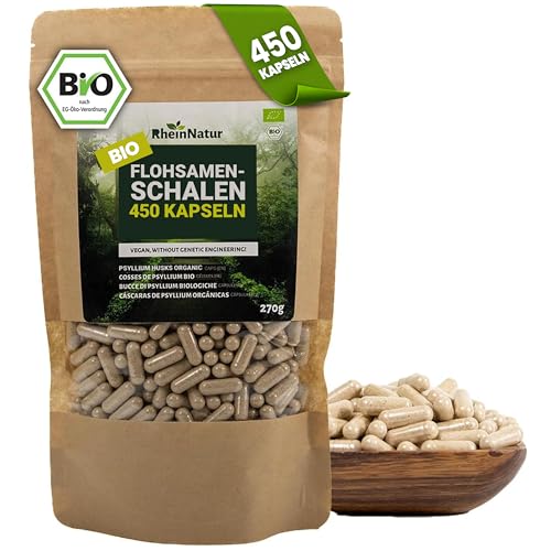 RheinNatur Bio Flohsamenschalen Kapseln - 450 Stk hochdosiert (3.000 mg je Portion) - Hergestellt in DE - Psyllium Husk Ballaststoffe – Flohsamen Kapseln