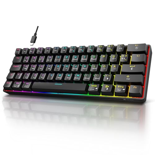 KOORUI Gaming Tastatur, 60% Mechanisch Tastatur 26 RGB Hinterleuchtet Kabelgebunden Deutsches Layout QWERTZ Gaming Keyboard für Windows MacOS Linux-Rotem Schalter