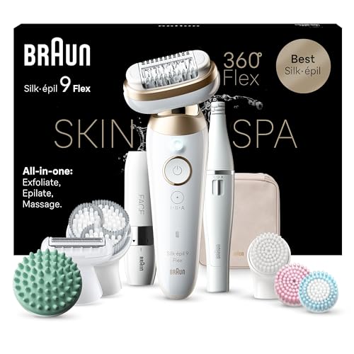 Braun Silk-épil 9 Flex SkinSpa Epilierer Damen, All-in-One Set, Haarentferner für Langanhaltende Haarentfernung, Ladyshaver, Facespa Gesichtshaarentferner, Made in Germany, 9-681 3D, Weiß/Gold